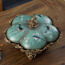 欧式旋转过年干果盘分格带盖防尘糖果盘高档客厅茶几比翼双飞大盖六格干果盘装饰摆件